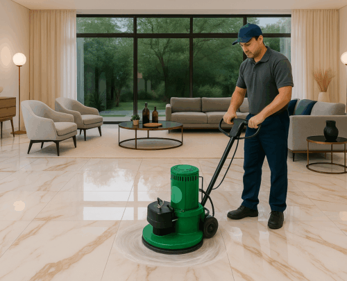 Profissional polindo piso de porcelanato calacata com máquina industrial em sala moderna
