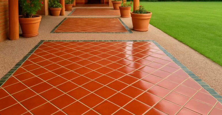 ceramica rustica Piso externo cerâmico com paginação diagonal e bordas verdes restaurado pela SalvaPisos, em varanda com vasos de plantas e área aberta gramada ao lado.