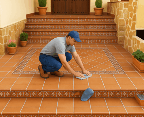 Trabalhador agachado limpando degrau de escada com pano em piso cerâmico decorado.