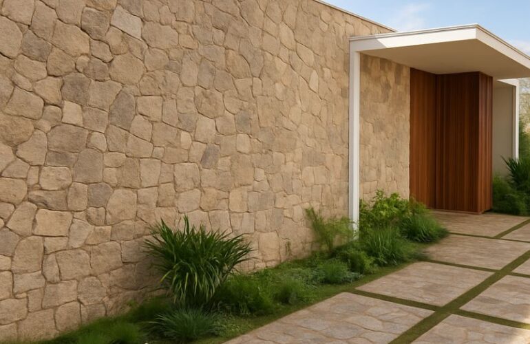 pedra natural Fachada moderna com parede de pedra rústica iluminada pela luz do dia e piso externo em pedra natural restaurado, destacando o trabalho da SalvaPisos.