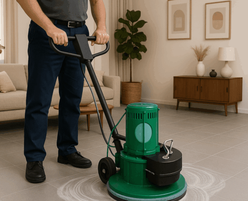Homem usando máquina polidora para polir piso de porcelanato acetinado em sala de estar.