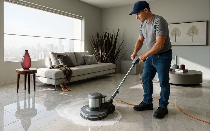 porcelanato polido Funcionário da SalvaPisos realiza polimento profissional de piso porcelanato com máquina industrial em sala moderna e bem iluminada, com resíduos esbranquiçados visíveis na área de limpeza.