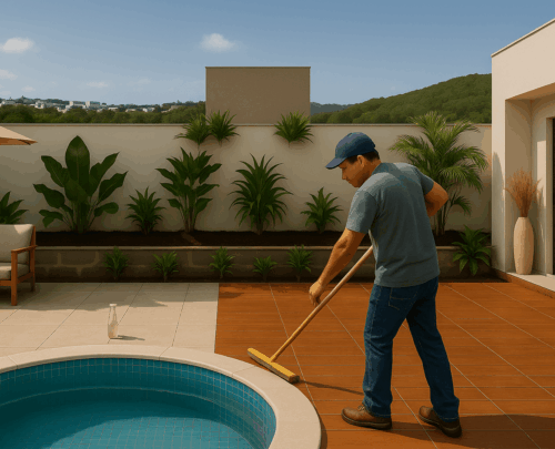 Homem limpando piso porcelanato amadeirado ao redor de piscina em área externa.