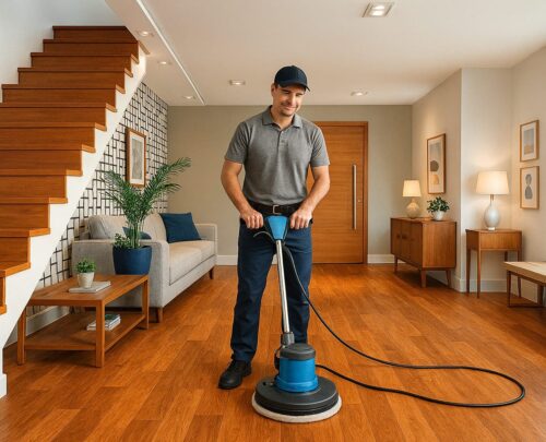 Profissional utilizando máquina para recuperação de piso vinílico em sala de casa moderna