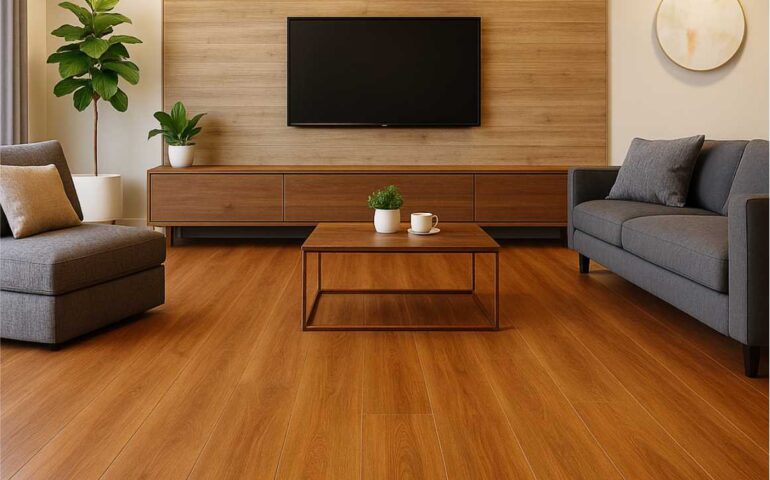 Sala moderna com piso vinílico amadeirado restaurado, em tom marrom quente, com decoração minimalista e ambiente iluminado.