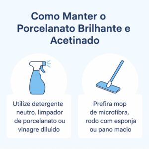 Infográfico com dicas de limpeza para porcelanato brilhante e acetinado, incluindo uso de detergente neutro e mop de microfibra