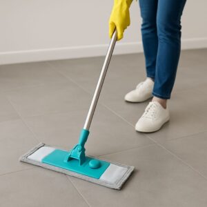 Pessoa limpando piso de porcelanato acetinado cinza com rodo e pano de microfibra