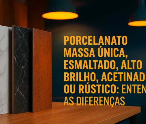 Três amostras de porcelanato com diferentes acabamentos: brilhante, rústico e escuro, sob iluminação quente e fundo cinematográfico