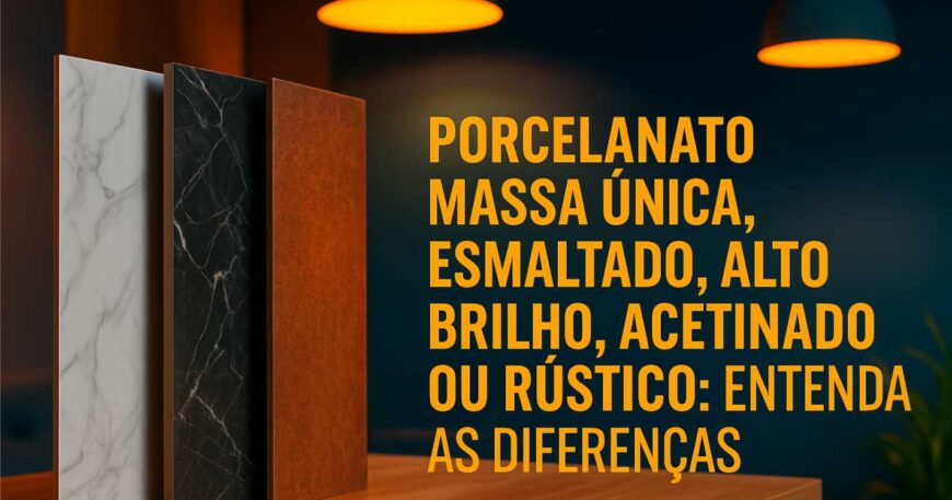 Três amostras de porcelanato com diferentes acabamentos: brilhante, rústico e escuro, sob iluminação quente e fundo cinematográfico