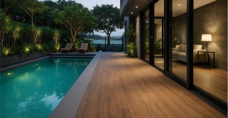 Área de piscina com porcelanato amadeirado restaurado, mostrando acabamento renovado e brilho natural após serviços da SalvaPisos.