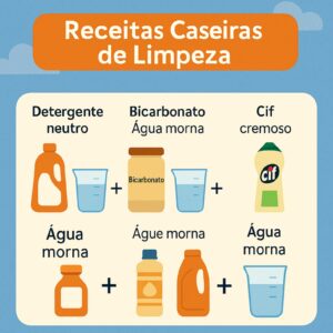 Infográfico colorido com receitas caseiras para limpeza de porcelanato usando detergente neutro, bicarbonato, cif cremoso e água morna